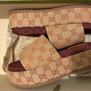Gucci Beige & Pink GG Canvas Platform Slide Sandals